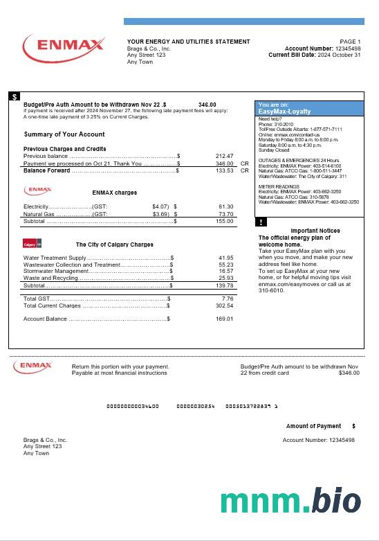 Canada Enmax rachunek za usługi komunalne Word i szablon PDF